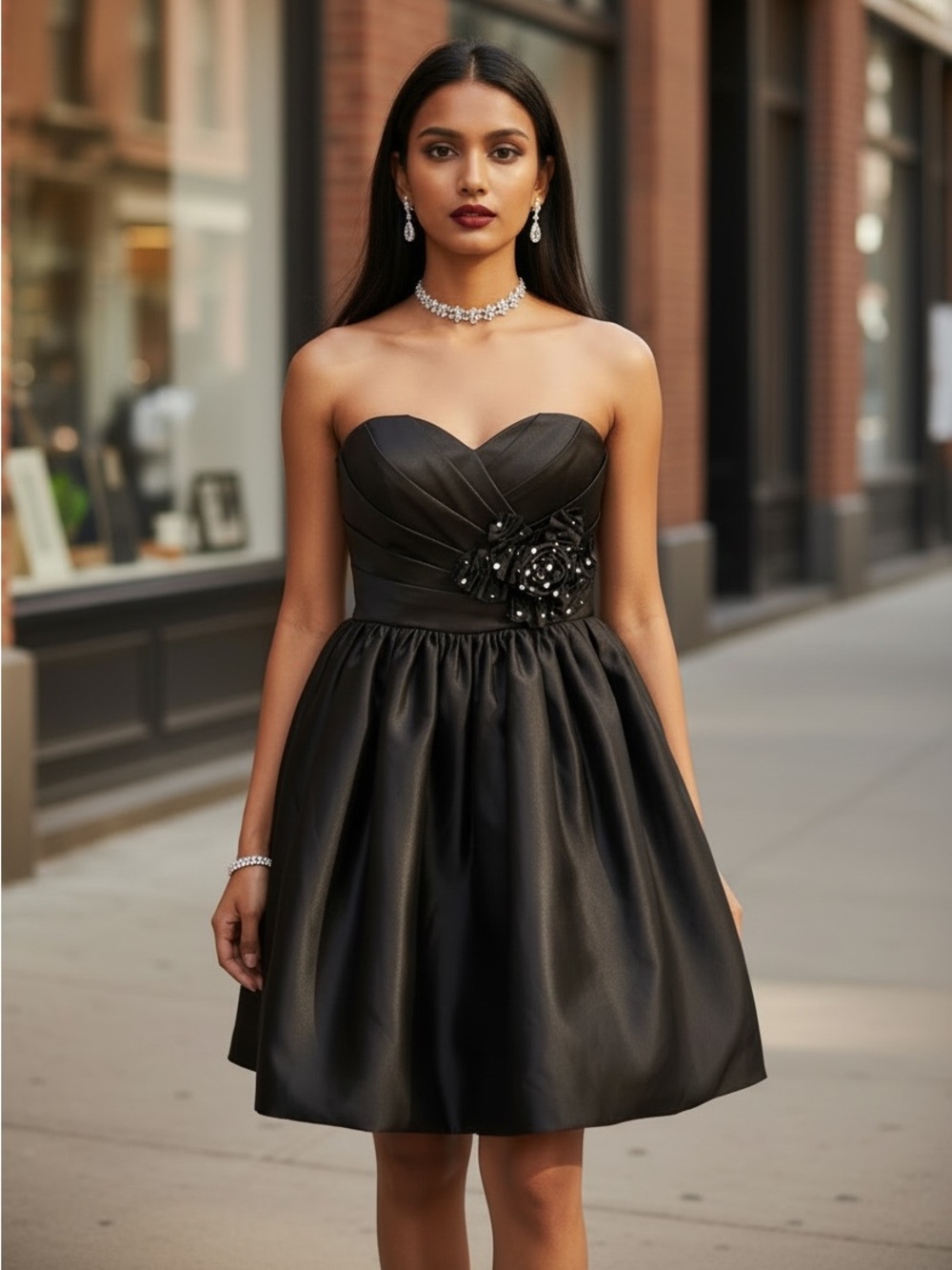 Black Satin Women's Strapless Sweetheart Neckline Mini Length Formal Dress